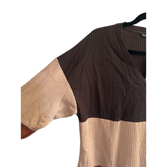 NWT Bloomchic 12 Waffle Vneck Colorblock Brown Rust Beige Long Sleeve Top #3620 - Picture 4 of 11